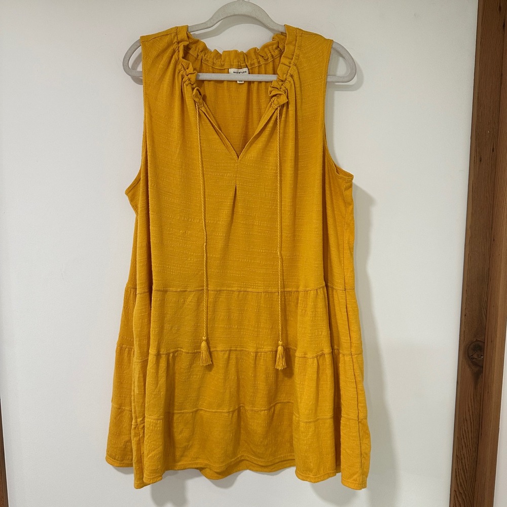Max Studio Tunic Top Womens 1X Yellow Tiered Sleeveless Boho Tassel